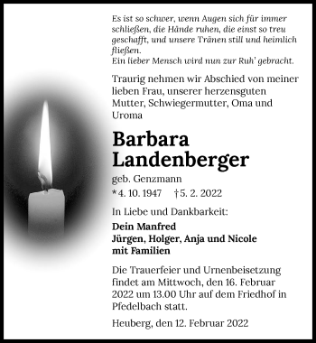 Traueranzeige von Barbara Landenberger von GESAMT