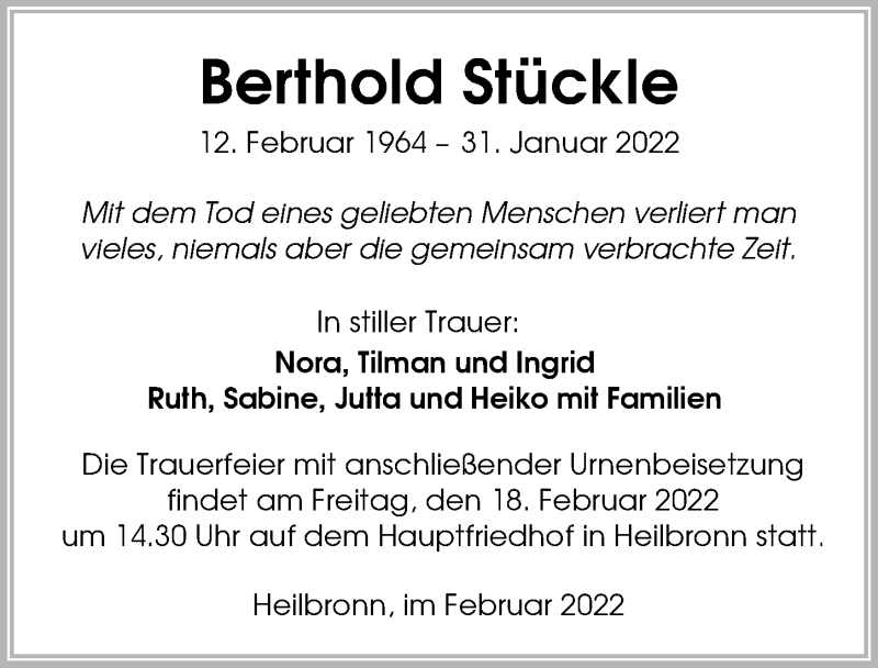  Traueranzeige für Berthold Stückle vom 11.02.2022 aus GESAMT