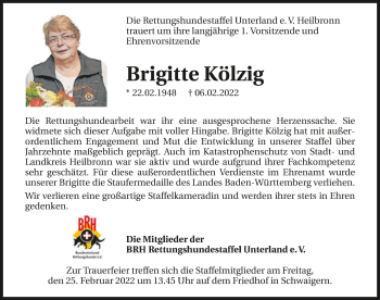 Traueranzeige von Brigitte Kölzig von GESAMT