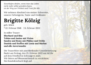 Traueranzeige von Brigitte Kölzig von GESAMT