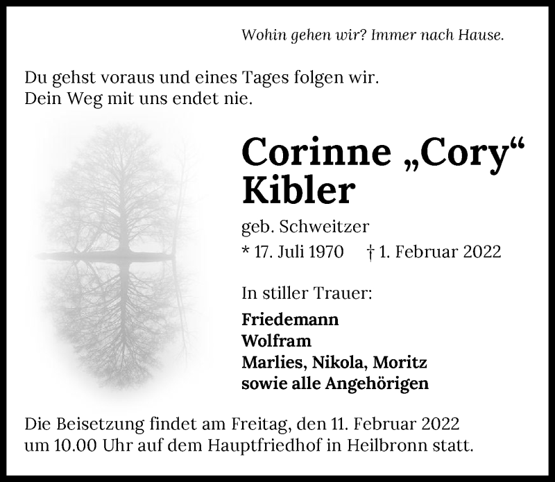  Traueranzeige für Corinne Kibler vom 05.02.2022 aus GESAMT
