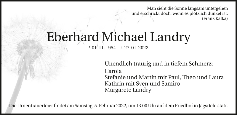 Traueranzeige für Eberhard Michael Landry vom 02.02.2022 aus GESAMT