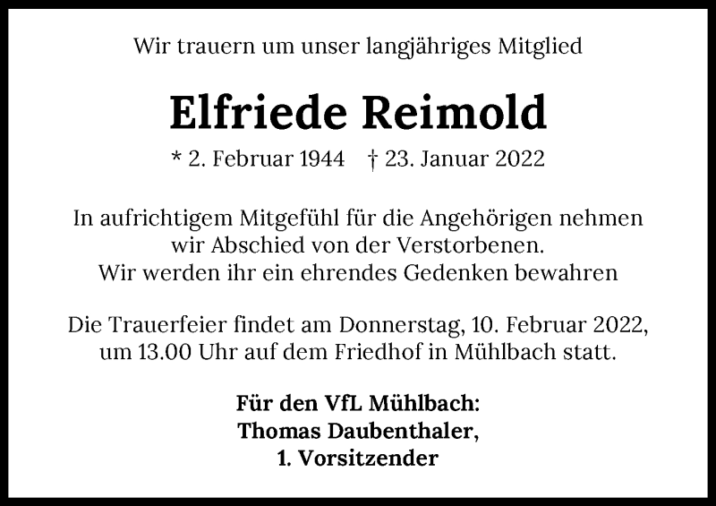  Traueranzeige für Elfriede Reimold vom 09.02.2022 aus GESAMT