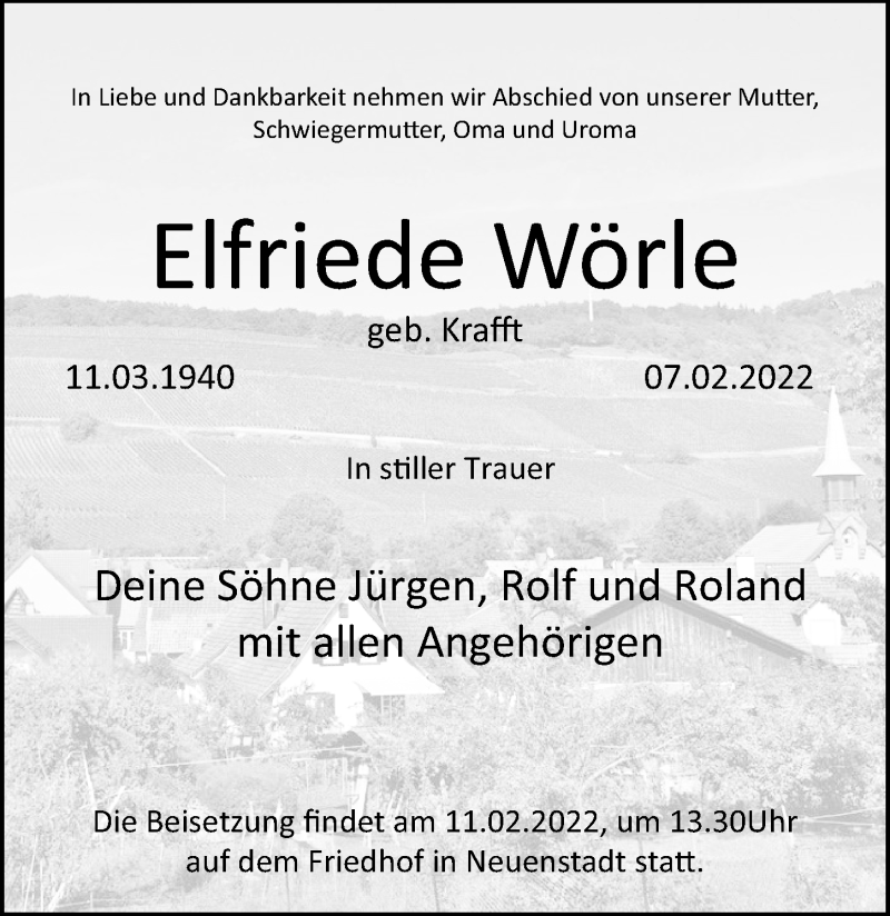  Traueranzeige für Elfriede Wörle vom 09.02.2022 aus GESAMT