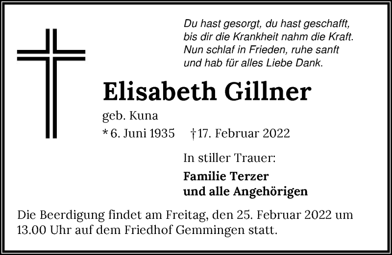  Traueranzeige für Elisabeth Gillner vom 23.02.2022 aus GESAMT