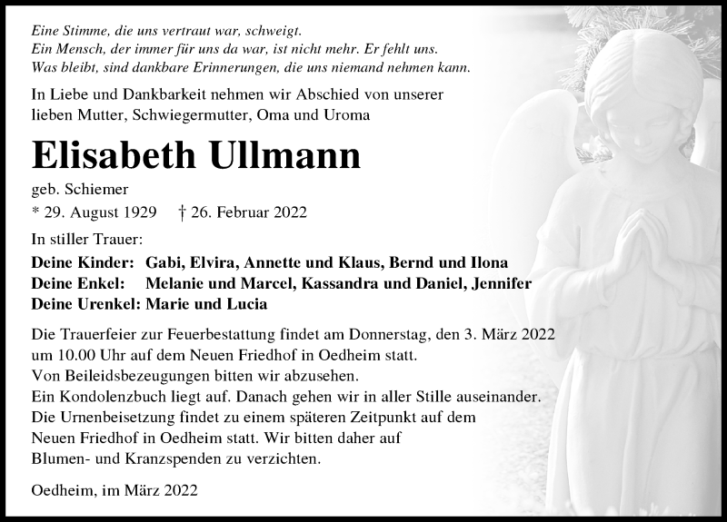  Traueranzeige für Elisabeth Ullmann vom 01.03.2022 aus GESAMT