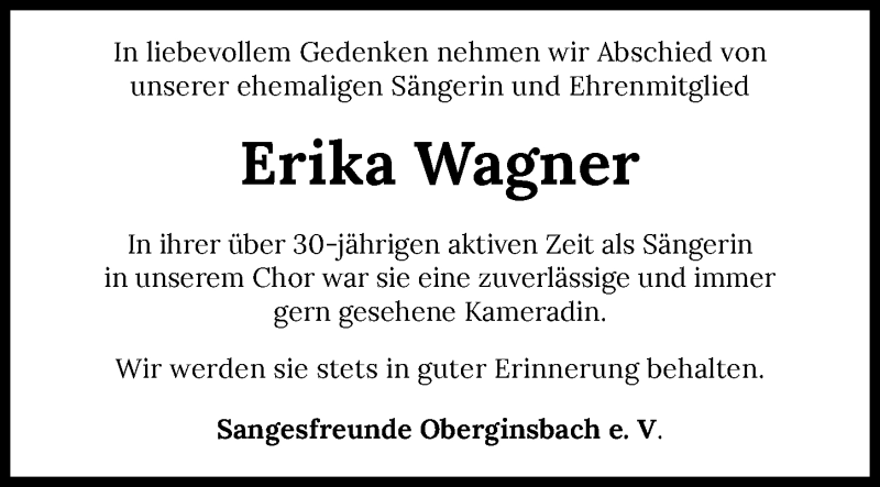  Traueranzeige für Erika Wagner vom 24.02.2022 aus GESAMT