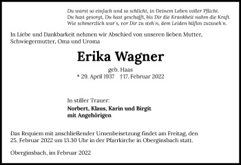 Traueranzeige von Erika Wagner von GESAMT