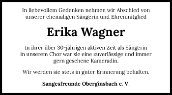 Traueranzeige von Erika Wagner von GESAMT