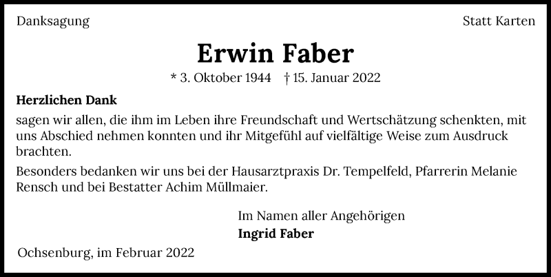  Traueranzeige für Erwin Faber vom 10.02.2022 aus GESAMT
