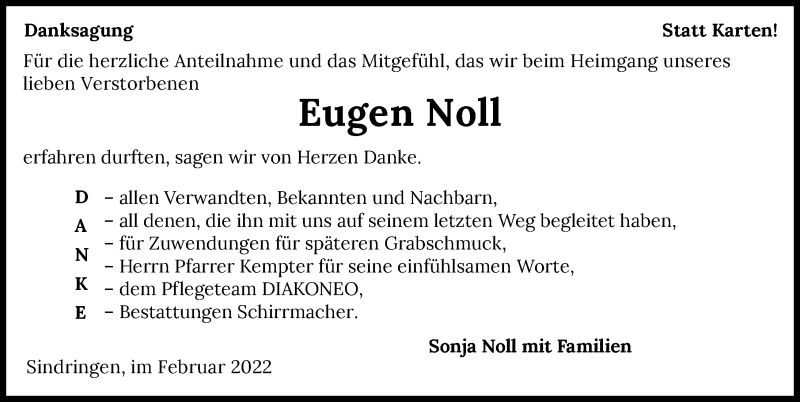  Traueranzeige für Eugen Noll vom 04.02.2022 aus GESAMT