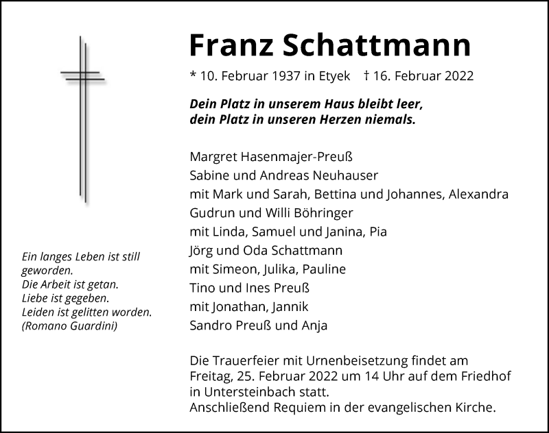  Traueranzeige für Franz Schattmann vom 22.02.2022 aus GESAMT