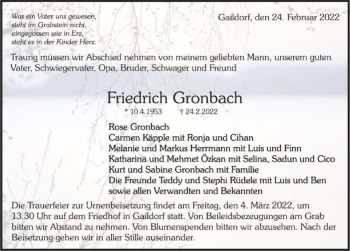 Traueranzeige von Friedrich Gronbach von GESAMT