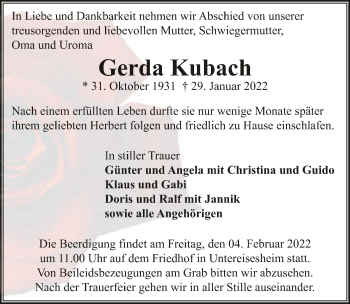 Traueranzeige von Gerda Kubach von GESAMT