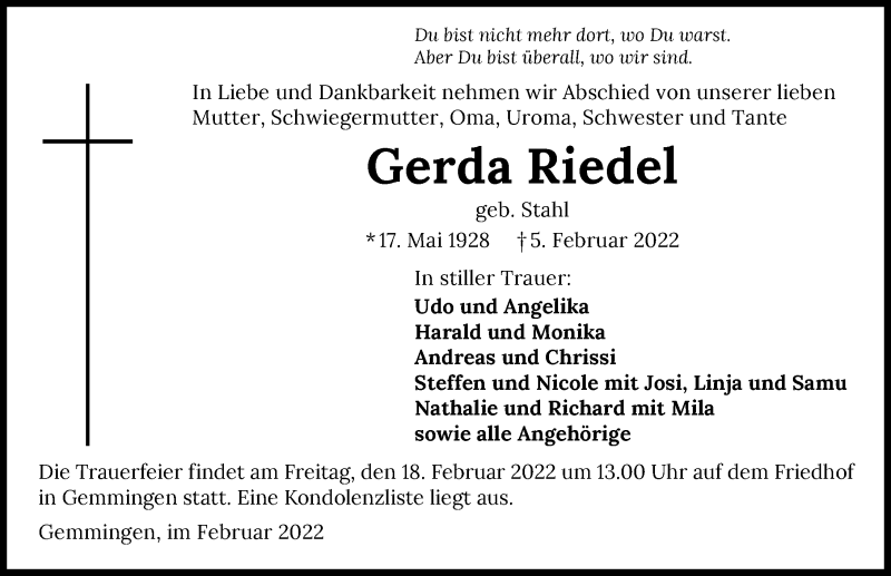  Traueranzeige für Gerda Riedel vom 12.02.2022 aus GESAMT