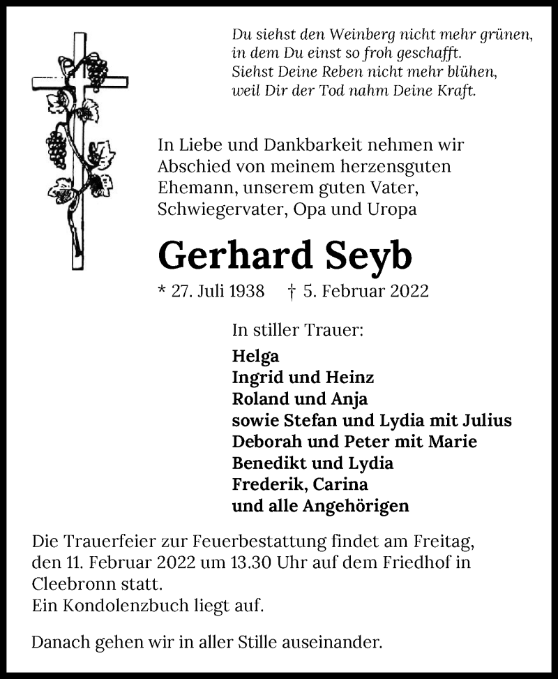  Traueranzeige für Gerhard Seyb vom 09.02.2022 aus GESAMT