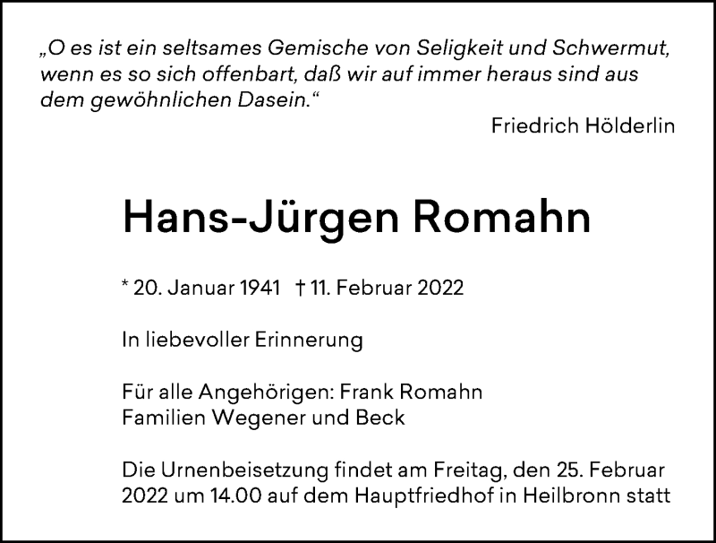  Traueranzeige für Hans-Jürgen Romahn vom 19.02.2022 aus GESAMT