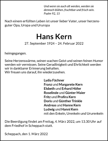 Traueranzeige von Hans Kern von GESAMT