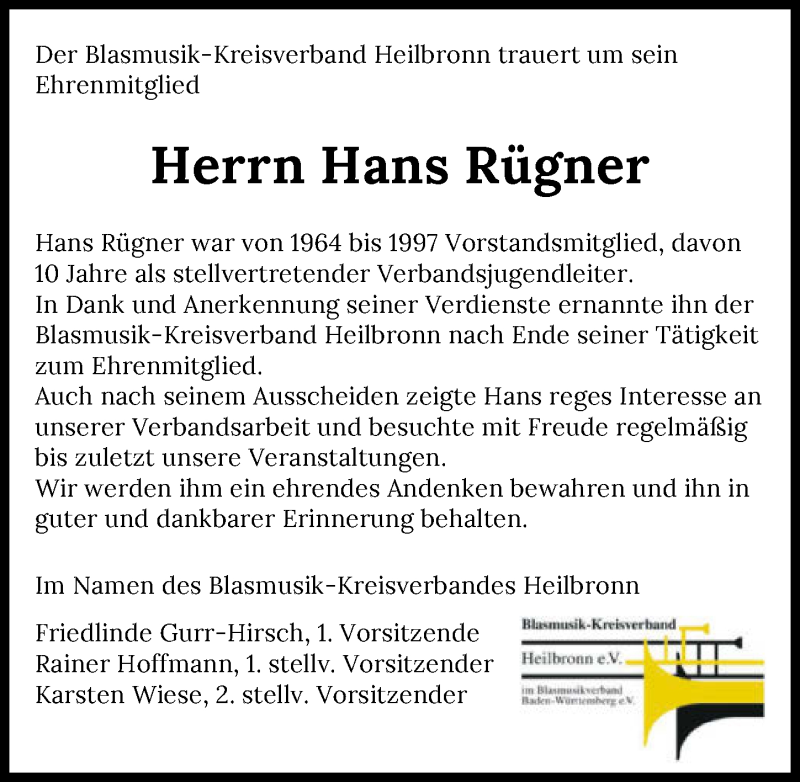  Traueranzeige für Hans Rügner vom 21.02.2022 aus GESAMT