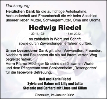 Traueranzeige von Hedwig Riedel von GESAMT