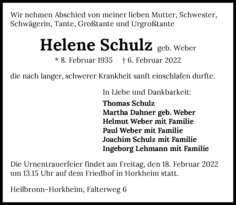 Traueranzeige für Helene Schulz vom 12.02.2022 aus GESAMT