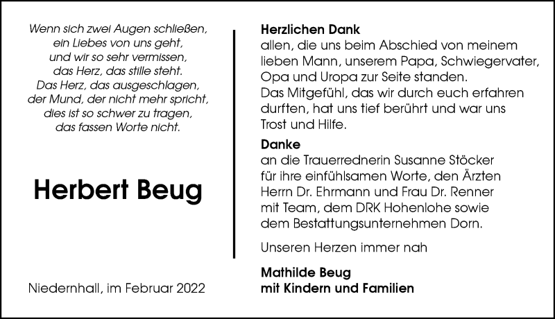  Traueranzeige für Herbert Beug vom 05.02.2022 aus GESAMT