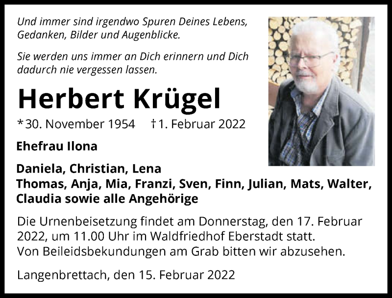  Traueranzeige für Herbert Krügel vom 15.02.2022 aus GESAMT