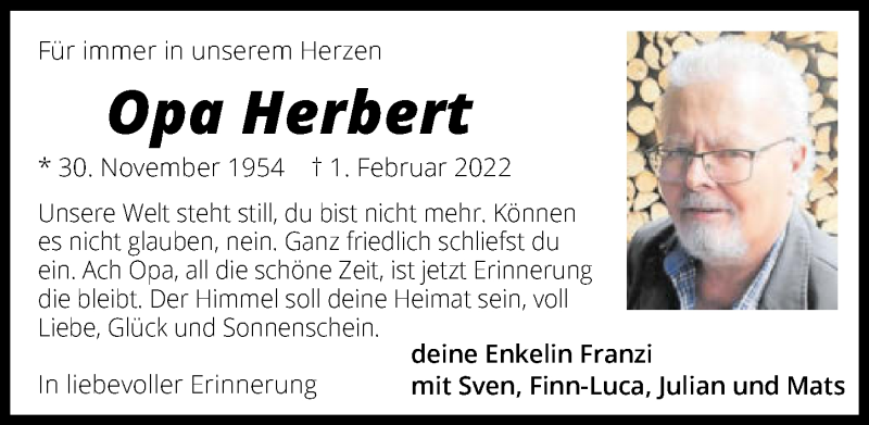  Traueranzeige für Herbert Krügel vom 15.02.2022 aus GESAMT