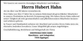 Traueranzeige von Hubert Hahn von GESAMT