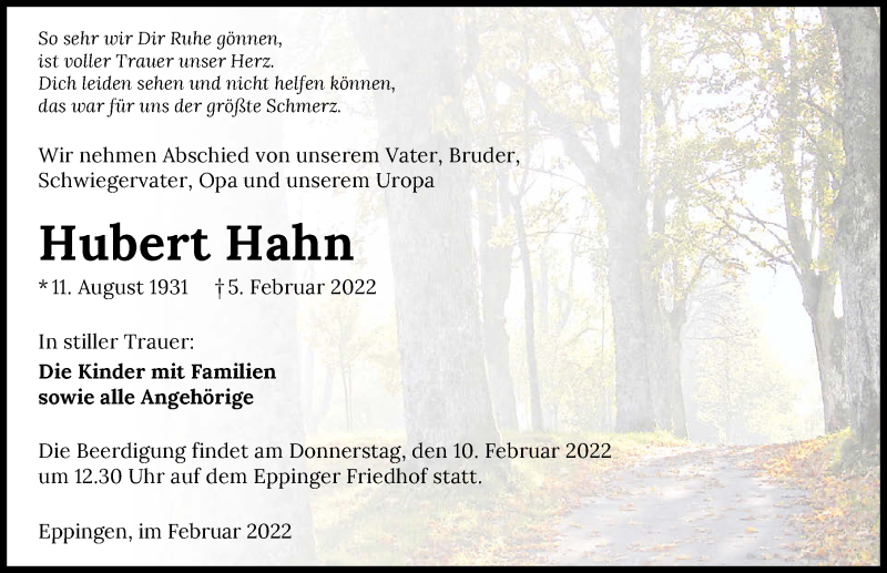  Traueranzeige für Hubert Hahn vom 09.02.2022 aus GESAMT