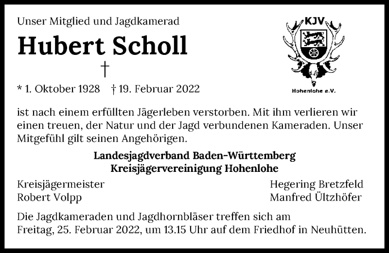  Traueranzeige für Hubert Scholl vom 23.02.2022 aus GESAMT