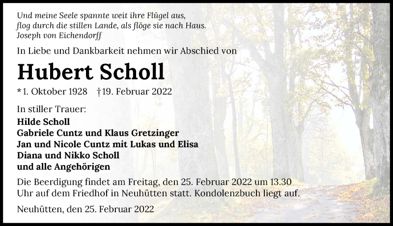  Traueranzeige für Hubert Scholl vom 23.02.2022 aus GESAMT