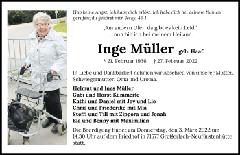 Traueranzeige von Inge Müller von GESAMT
