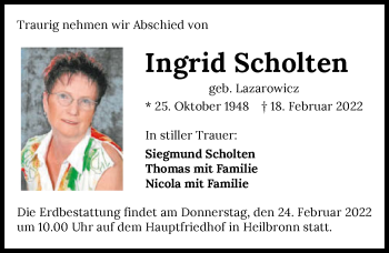 Traueranzeige von Ingrid Scholten von GESAMT