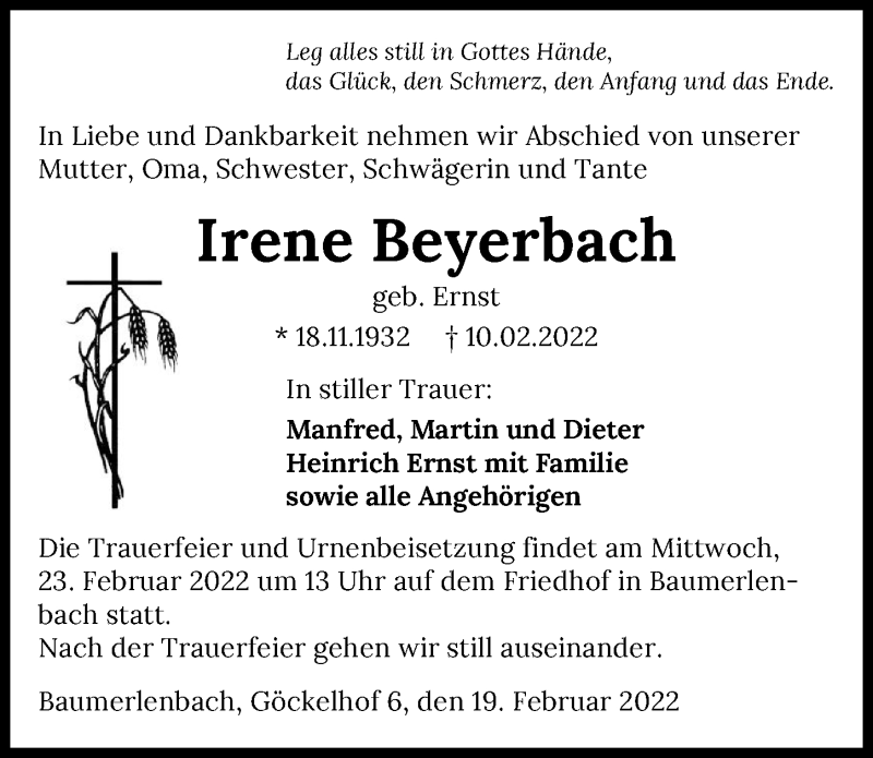  Traueranzeige für Irene Beyerbach vom 19.02.2022 aus GESAMT
