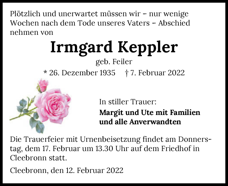  Traueranzeige für Irmgard Keppler vom 12.02.2022 aus GESAMT