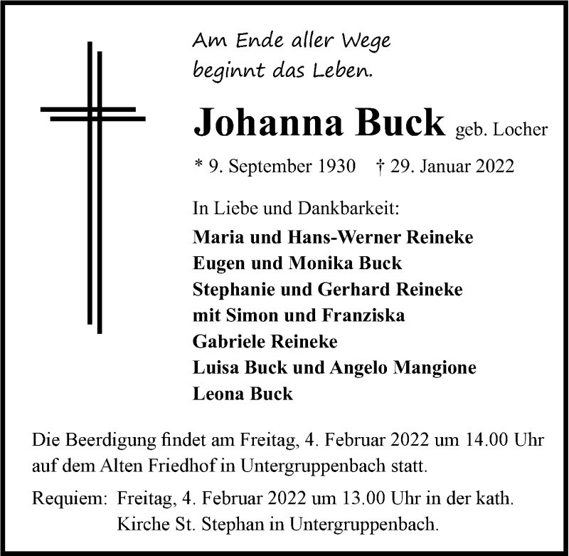  Traueranzeige für Johanna Buck vom 02.02.2022 aus GESAMT