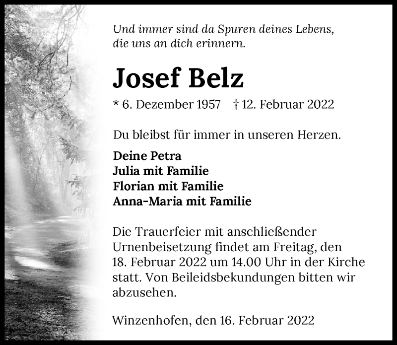  Traueranzeige für Josef Belz vom 16.02.2022 aus GESAMT