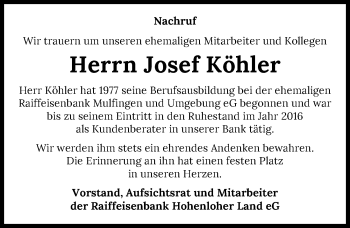 Traueranzeige von Josef Köhler von GESAMT