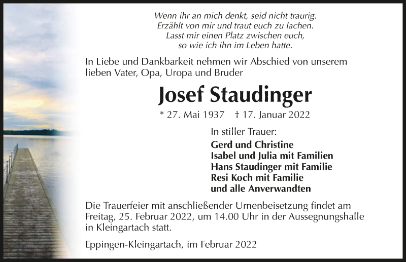  Traueranzeige für Josef Staudinger vom 19.02.2022 aus GESAMT