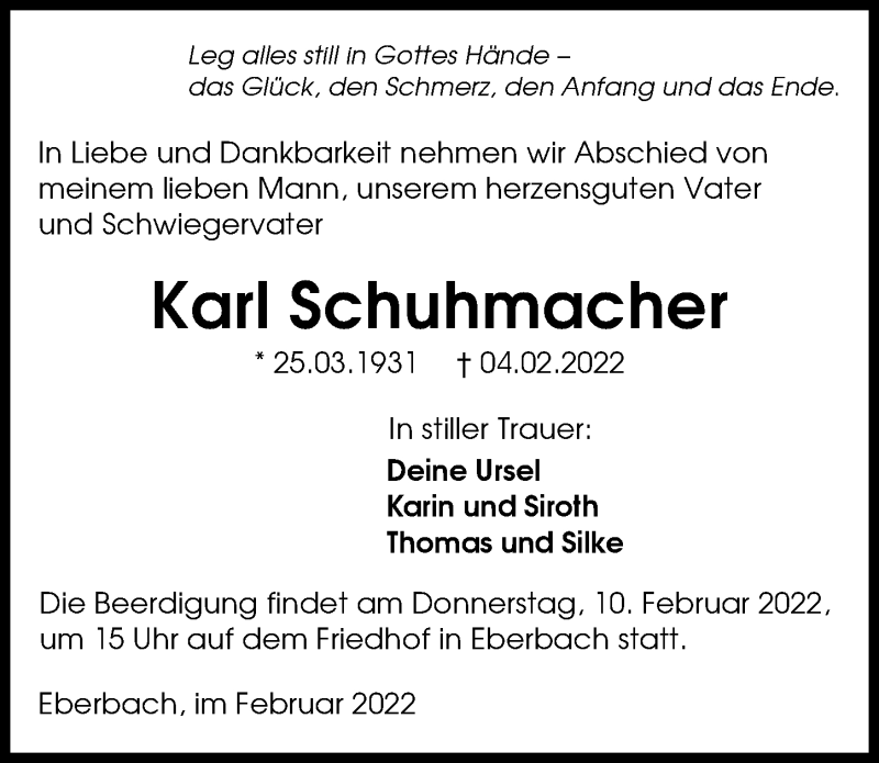  Traueranzeige für Karl Schuhmacher vom 08.02.2022 aus GESAMT
