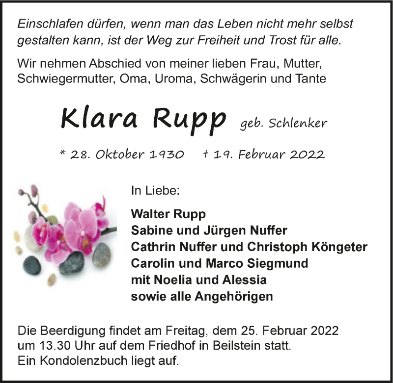  Traueranzeige für Klara Rupp vom 23.02.2022 aus GESAMT