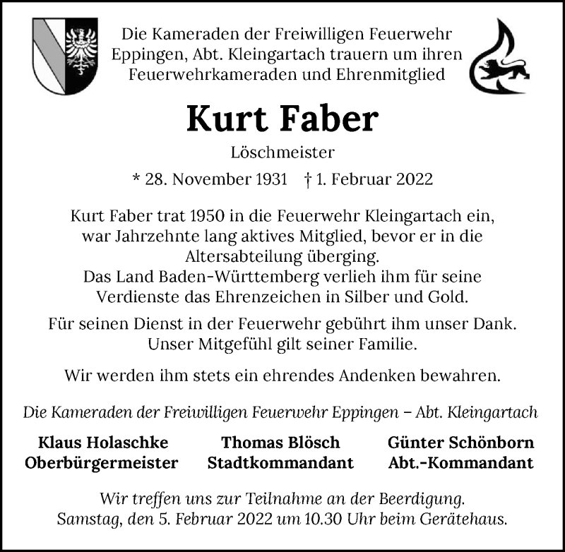  Traueranzeige für Kurt Faber vom 04.02.2022 aus GESAMT