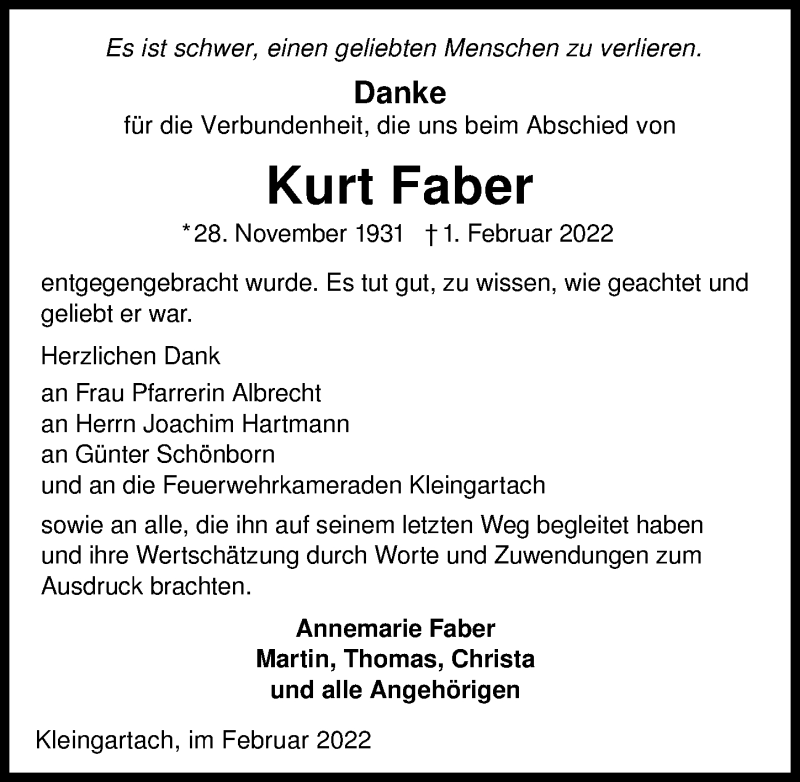  Traueranzeige für Kurt Faber vom 16.02.2022 aus GESAMT