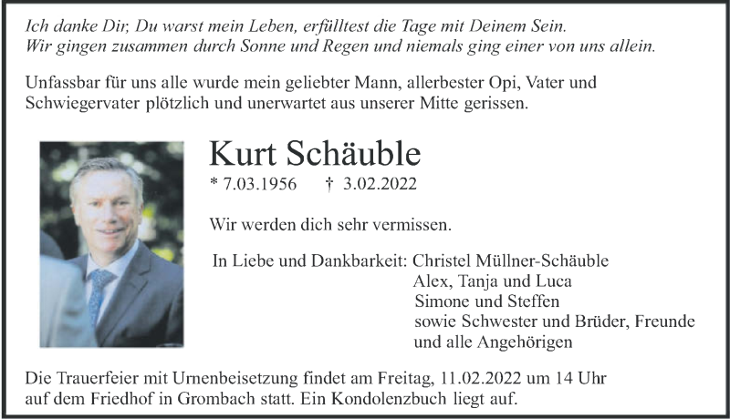  Traueranzeige für Kurt Schäuble vom 09.02.2022 aus GESAMT