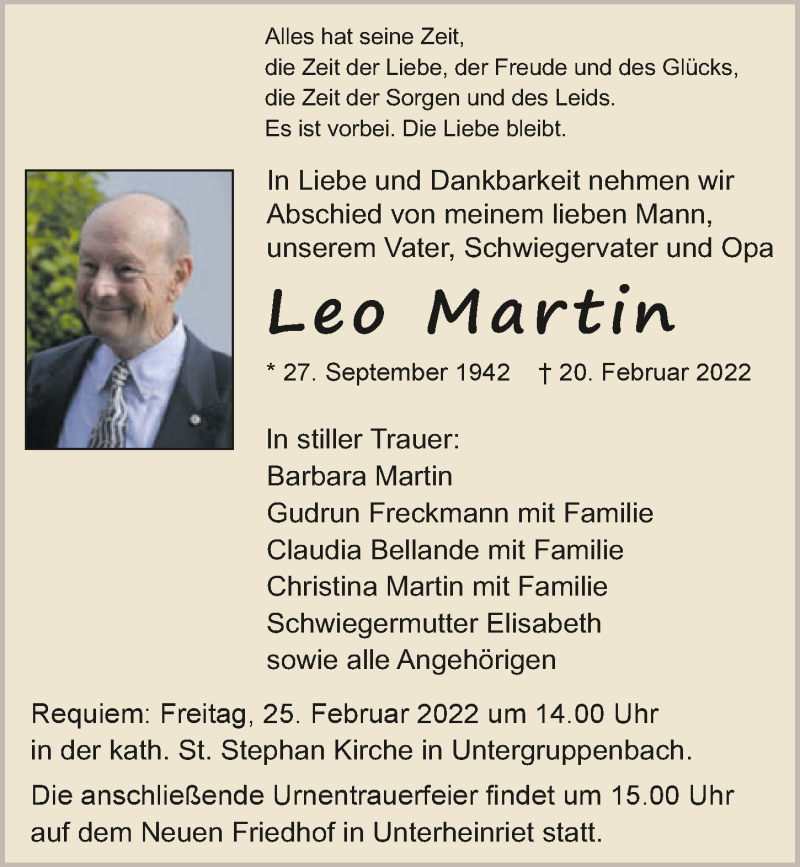  Traueranzeige für Leo Martin vom 23.02.2022 aus GESAMT