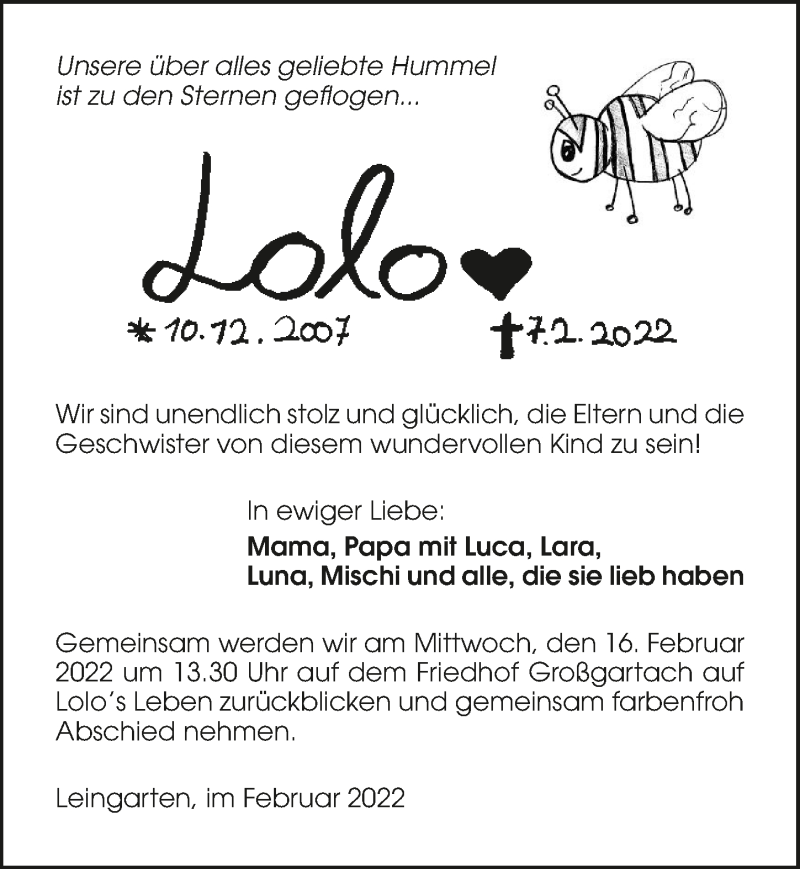  Traueranzeige für Lolo Bleich vom 12.02.2022 aus GESAMT