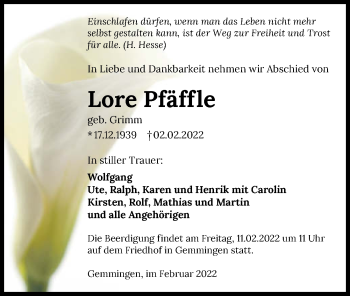 Traueranzeige von Lore Pfäffle von GESAMT