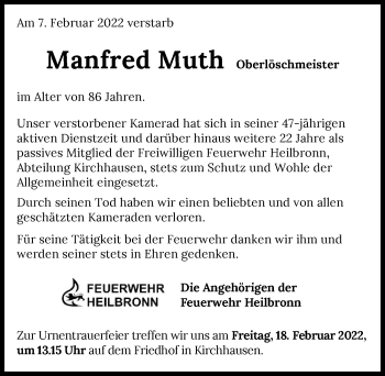 Traueranzeige von Manfred Muth von GESAMT