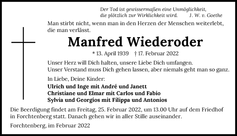  Traueranzeige für Manfred Wiederoder vom 22.02.2022 aus GESAMT